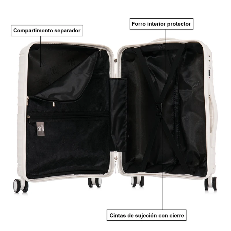 Maleta de cabina 55x39x21.5 cm (46L) Polipropileno - Candado Incrustado - 20 Pulgadas - Blanco - Chocolate