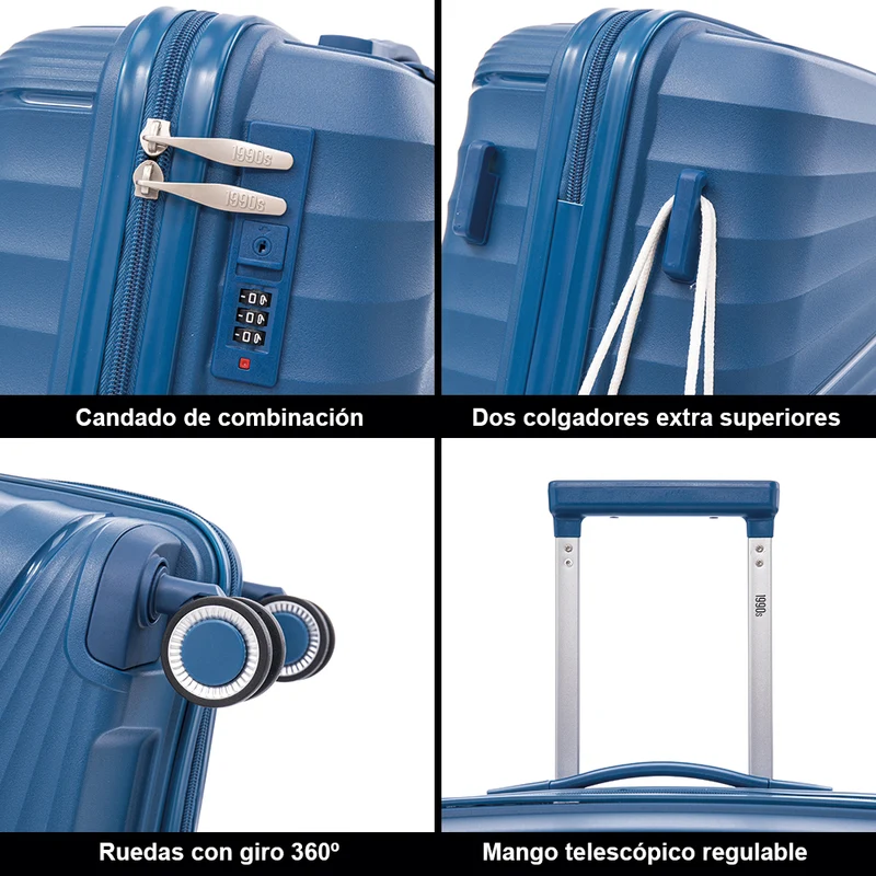 Maleta de cabina 55x39x21.5 cm (46L) Polipropileno - Candado Incrustado - 20 Pulgadas - Azul marino - Chocolate