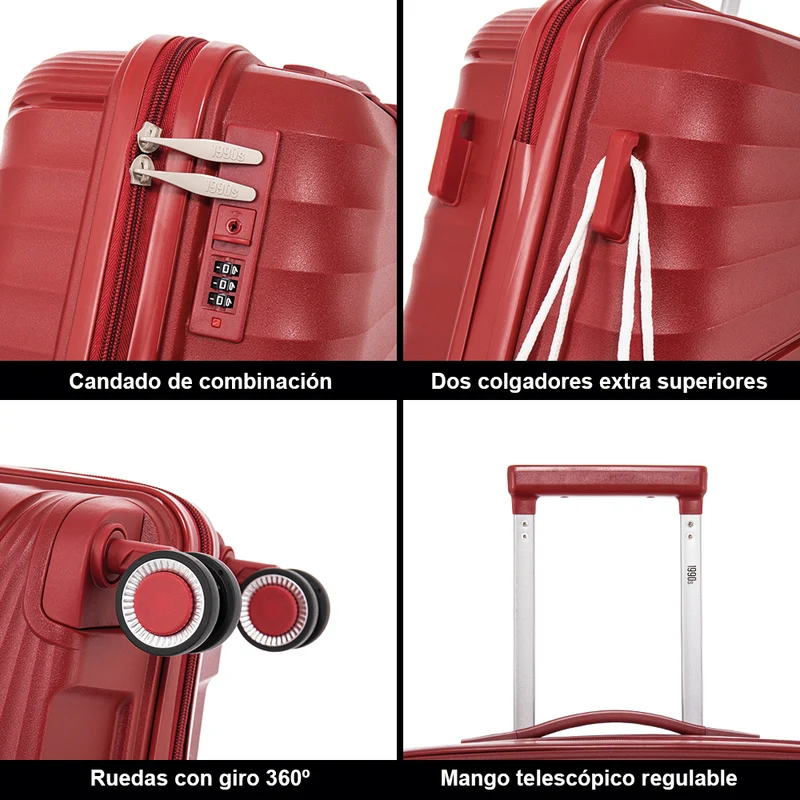 Juego de maletas PP Rígida 3 piezas|Maleta Cabina 55cm|Maleta Mediana extensible 65cm|Maleta Grande Extensible 75cm|Choco Rojo