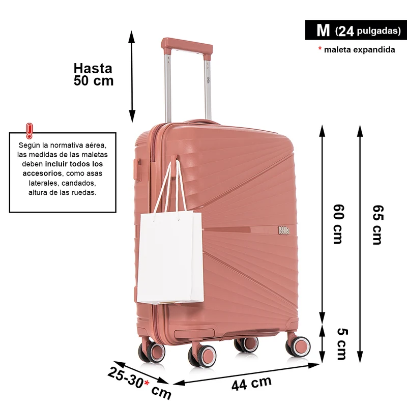 Juego de maletas PP Rígida 3 piezas|Maleta Cabina 55cm|Maleta Mediana extensible 65cm|Maleta Grande Extensible 75cm|Choco Rosa