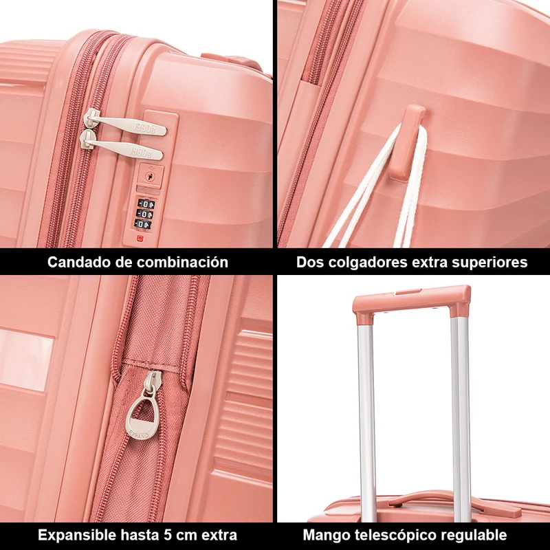 Juego de maletas PP Rígida 3 piezas|Maleta Cabina 55cm|Maleta Mediana extensible 65cm|Maleta Grande Extensible 75cm|Choco Rosa