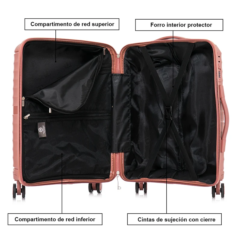Juego de maletas PP Rígida 3 piezas|Maleta Cabina 55cm|Maleta Mediana extensible 65cm|Maleta Grande Extensible 75cm|Choco Rosa