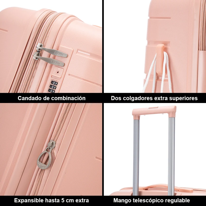 Juego de maletas PP Rígida 3 piezas|Maleta Cabina 55cm|Maleta Mediana 65cm Expandible |Maleta Grande 75cm Expandible |Bass RosaClaro