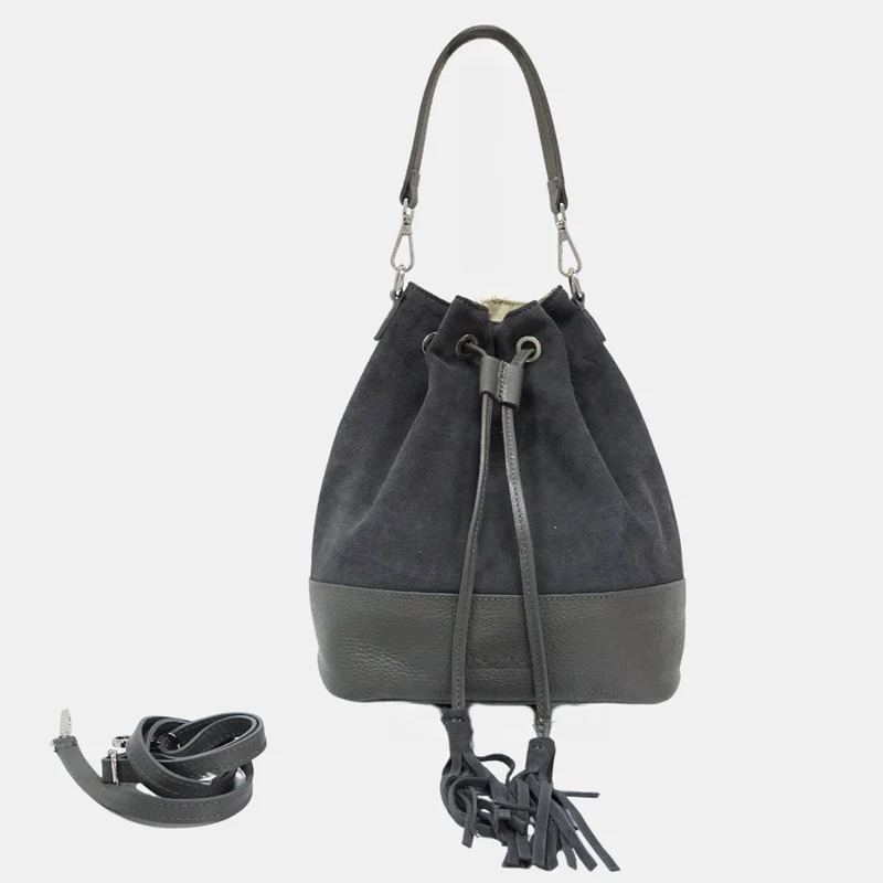 Bandolera mujer piel serraje - bolso saco Giulia (gris)