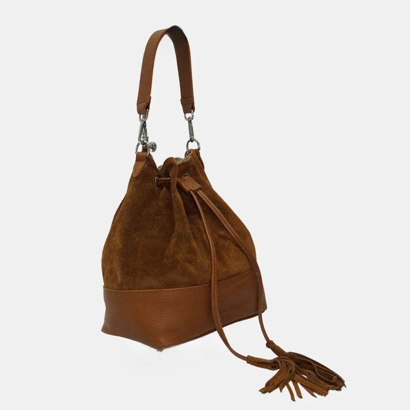 Bandolera mujer piel serraje - bolso saco Giulia (marrón)