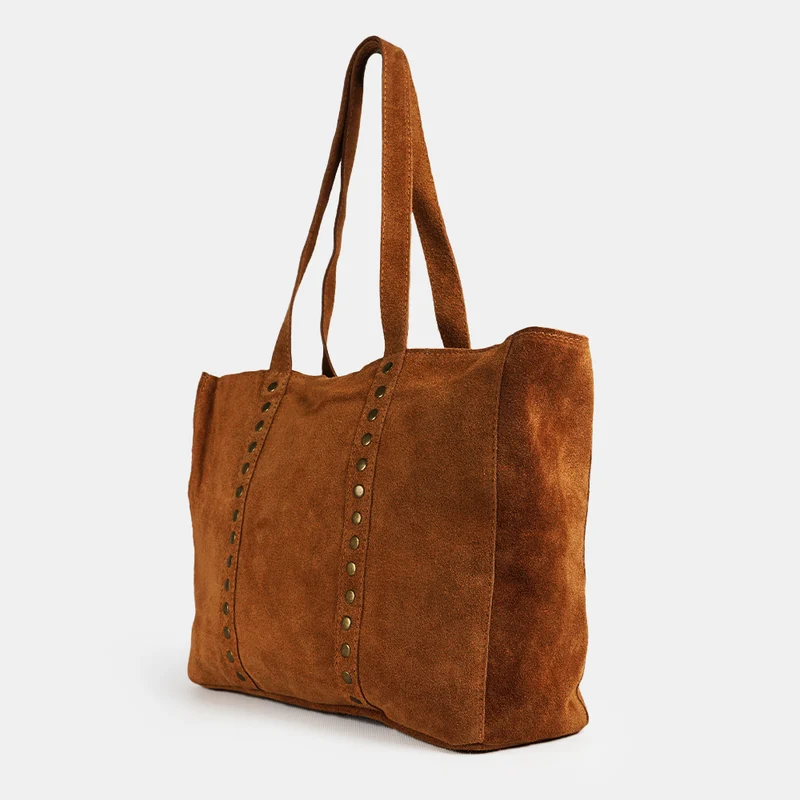 Bolso shopper para mujer de piel para personalizar con tachuelas marrón oscuro Alexandra