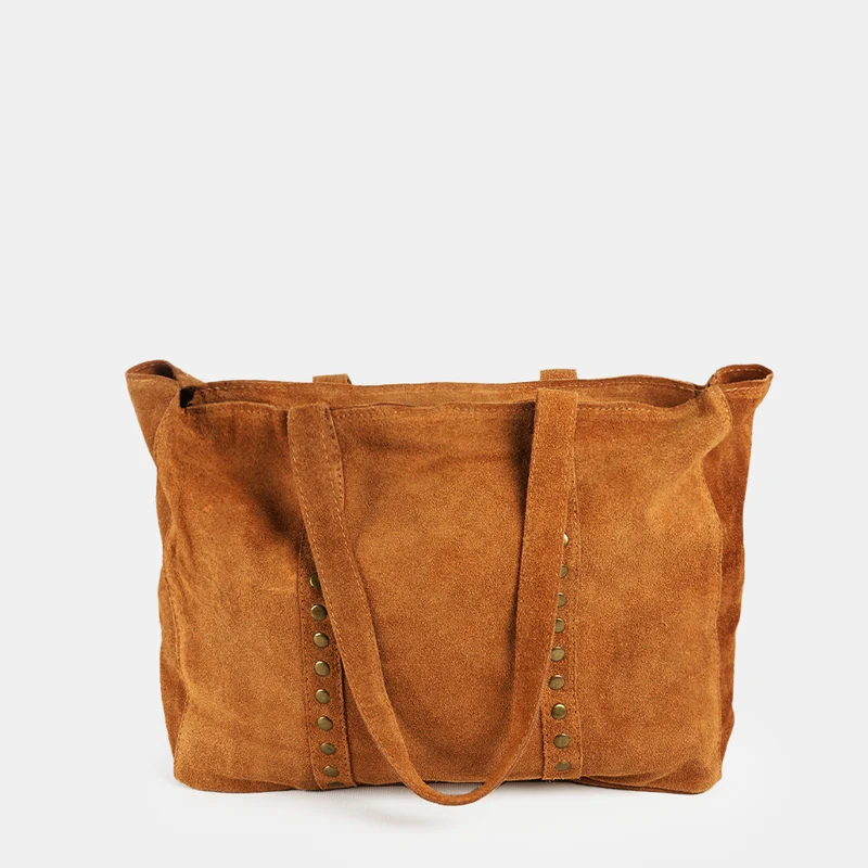 Bolso shopper para mujer de piel para personalizar con tachuelas marrón oscuro Alexandra