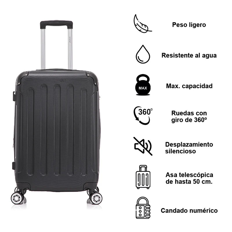 RAYKONG Maleta Mediana ABS 66x43x25cm | 71L | 24 Pulgadas | hasta 23kg semirígidas - Negro