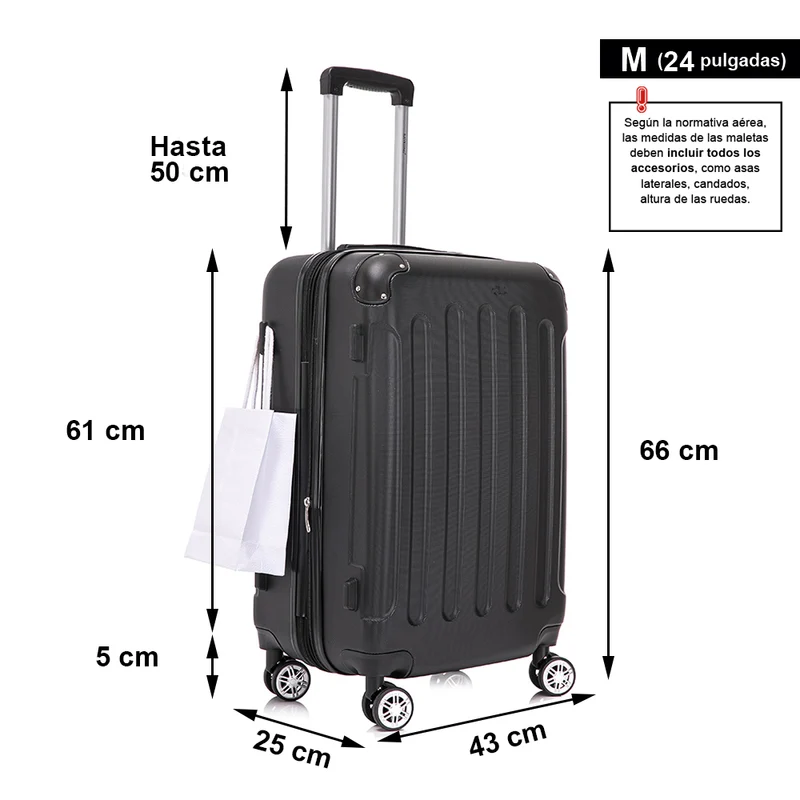 RAYKONG Maleta Mediana ABS 66x43x25cm | 71L | 24 Pulgadas | hasta 23kg semirígidas - Negro