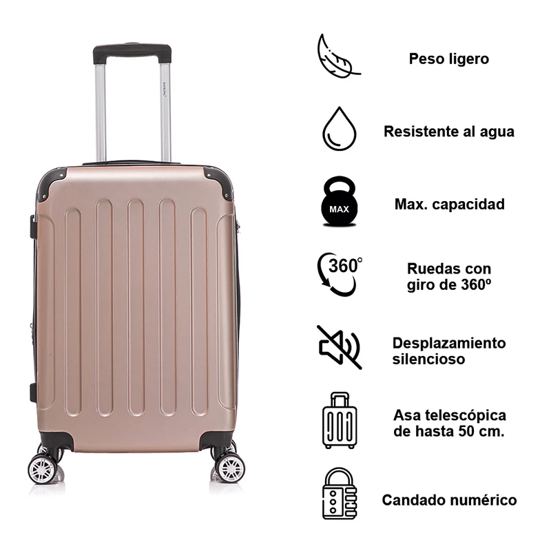 RAYKONG Maleta Mediana ABS 66x43x25cm | 71L | 24 Pulgadas | hasta 23kg semirígidas - RosaDorada