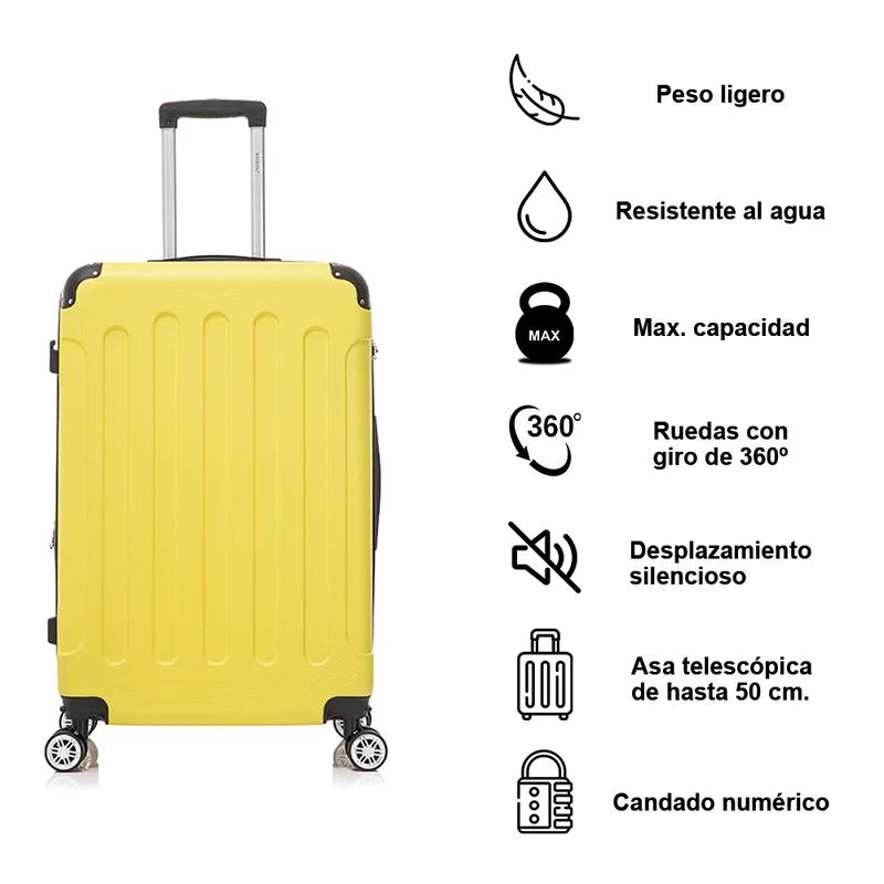 RAYKONG Maleta Mediana ABS 66x43x25cm | 71L | 24 Pulgadas | hasta 23kg semirígidas - Amarillo