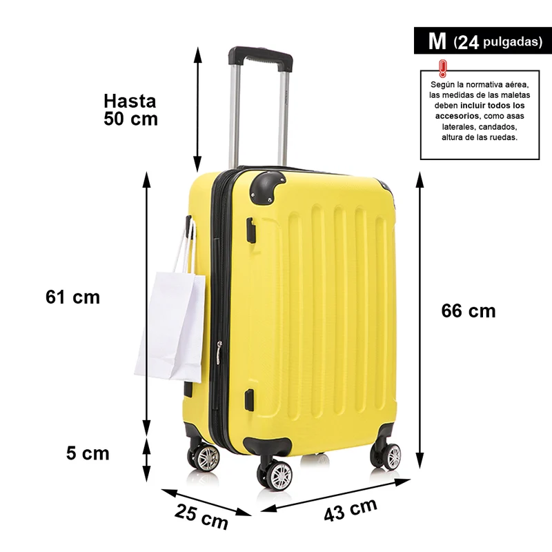 RAYKONG Maleta Mediana ABS 66x43x25cm | 71L | 24 Pulgadas | hasta 23kg semirígidas - Amarillo