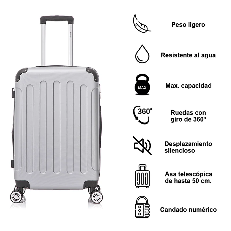 RAYKONG Maleta Mediana ABS 66x43x25cm | 71L | 24 Pulgadas | hasta 23kg semirígidas - Plata