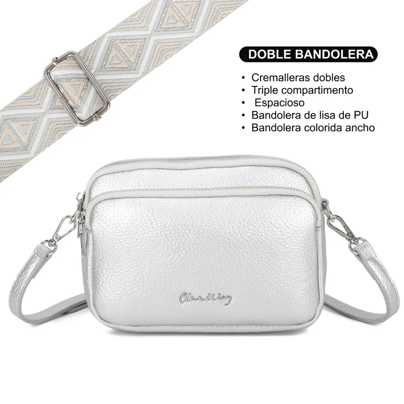Bolso bandolera mujer pequeño de cuero PU tres compartimentos y dos bandoleras, bolso mensajero para cruzar polipiel regalo original para mujer - Plata