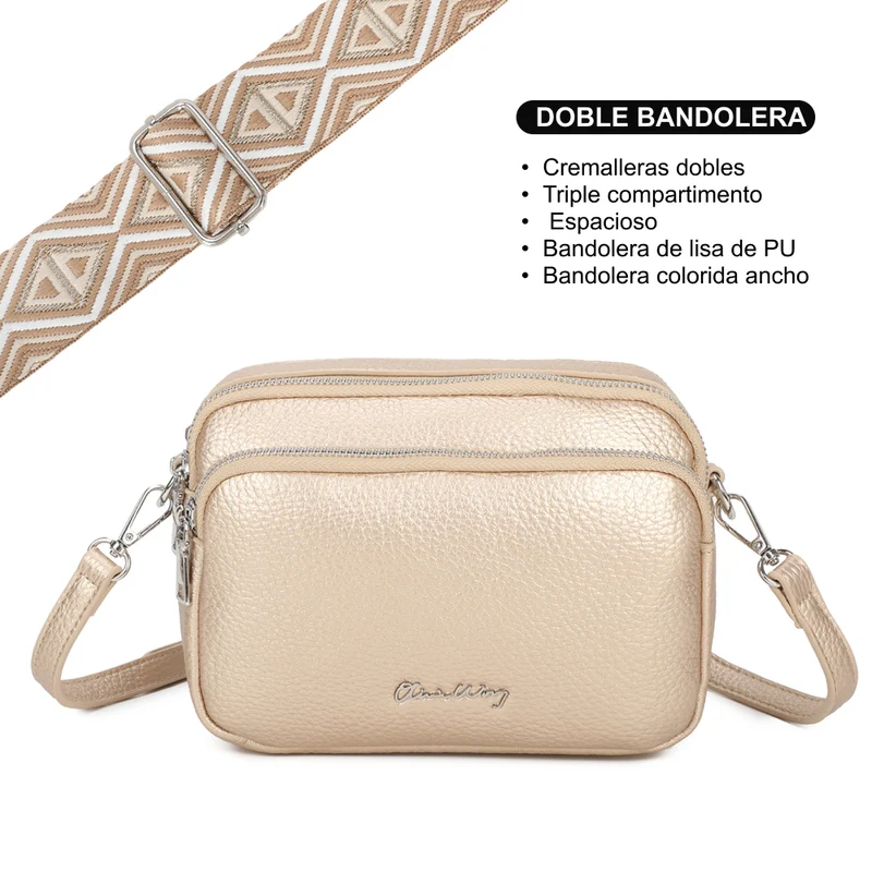 Bolso bandolera mujer pequeño de cuero PU tres compartimentos y dos bandoleras, bolso mensajero para cruzar polipiel regalo original para mujer - Dorado