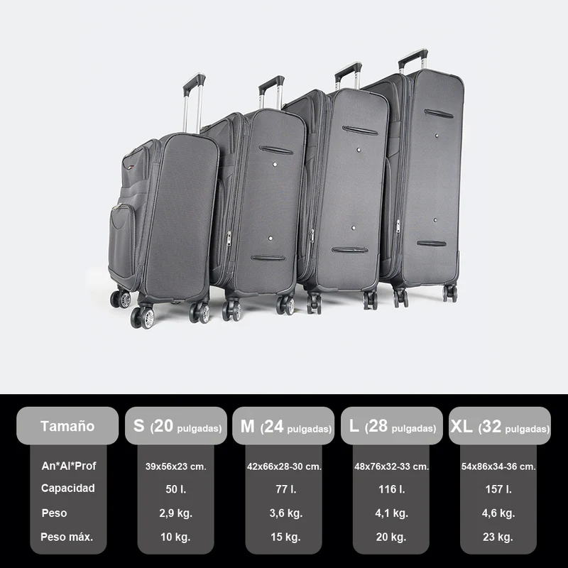 Maleta de viaje blanda extensible 56cm/66cm/76cm/86cm, 10kg/15kg/20kg/23kg, de tela poliéster Pissa Gris
