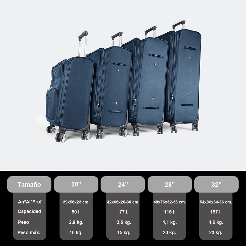 Maleta de viaje blanda extensible 56cm/66cm/76cm/86cm, 10kg/15kg/20kg/23kg, de tela poliéster Pissa Azul