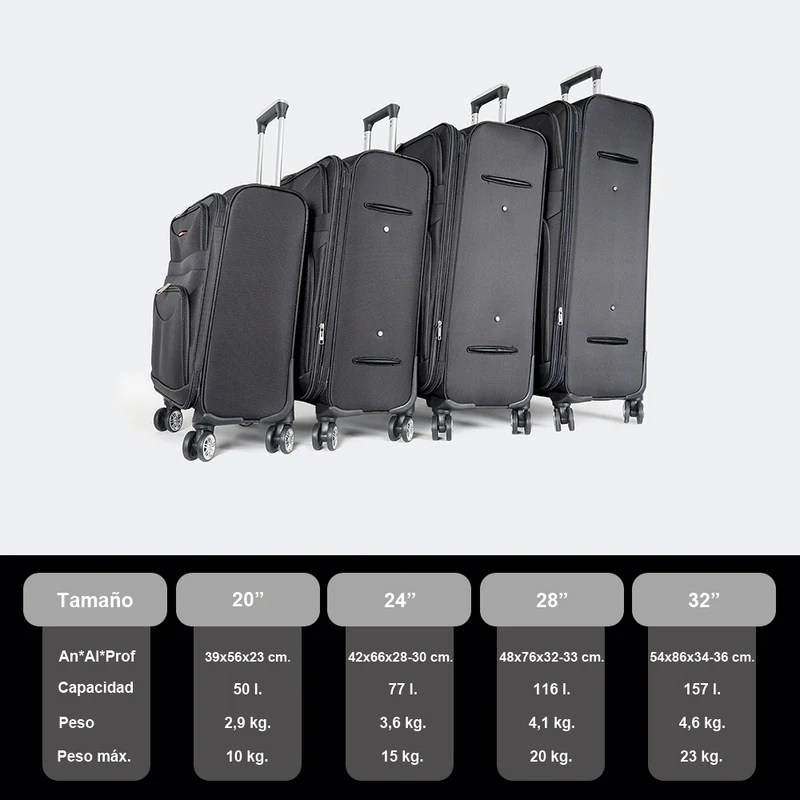 Maleta de viaje blanda extensible 56cm/66cm/76cm/86cm, 10kg/15kg/20kg/23kg, de tela poliéster Pissa Negro