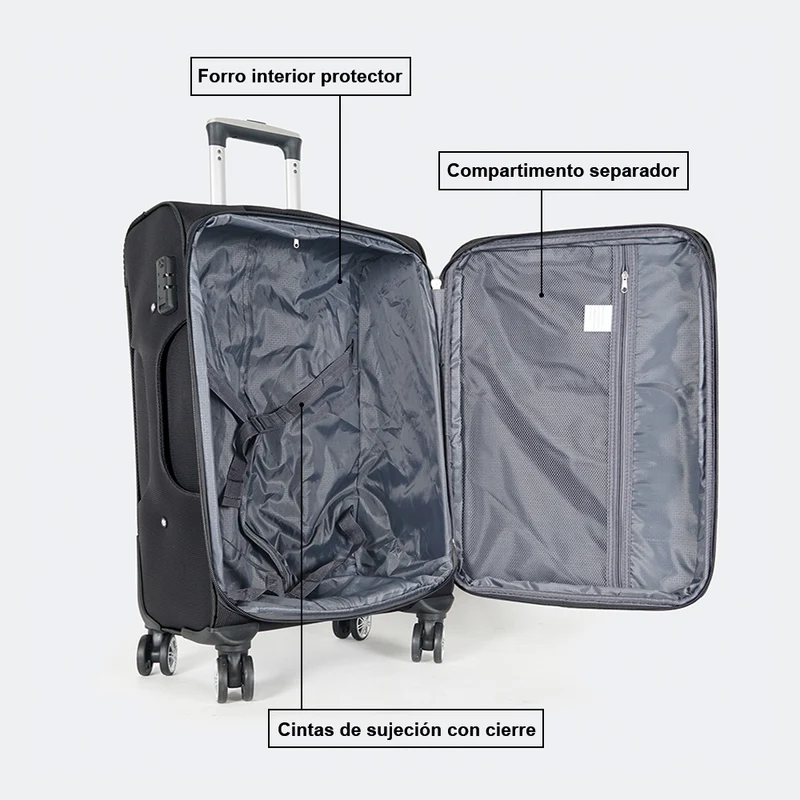 Maleta de viaje blanda extensible 56cm/66cm/76cm/86cm, 10kg/15kg/20kg/23kg, de tela poliéster Pissa Negro