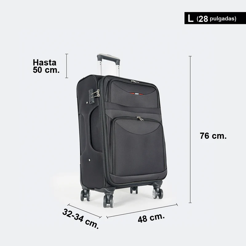 Maleta de viaje blanda extensible 56cm/66cm/76cm/86cm, 10kg/15kg/20kg/23kg, de tela poliéster Pissa Negro