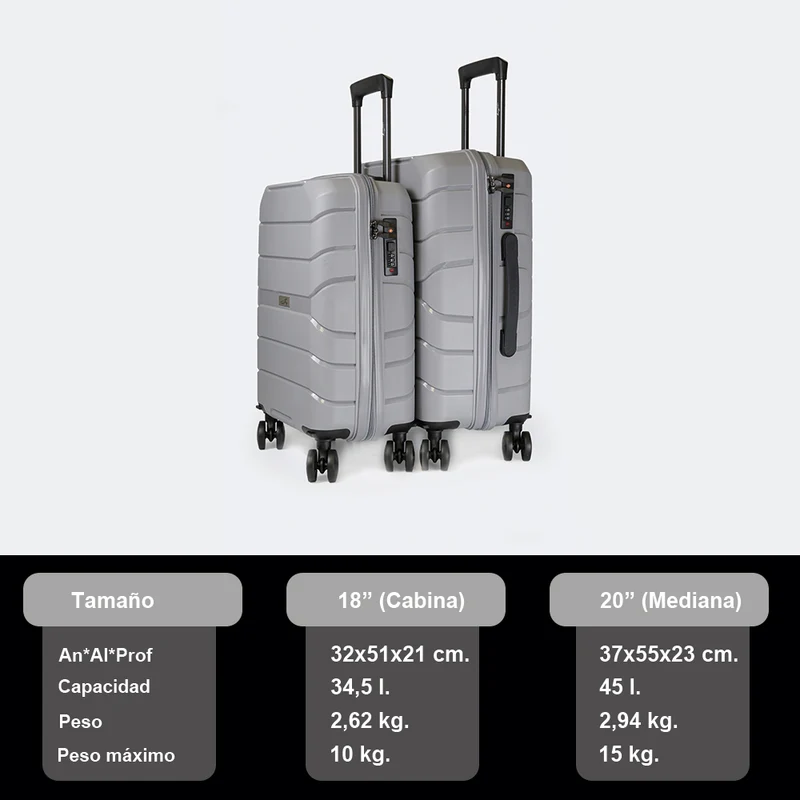 Maleta de cabina de XS/S 10kg 50cm/55cm de Polipropileno Steven Gris