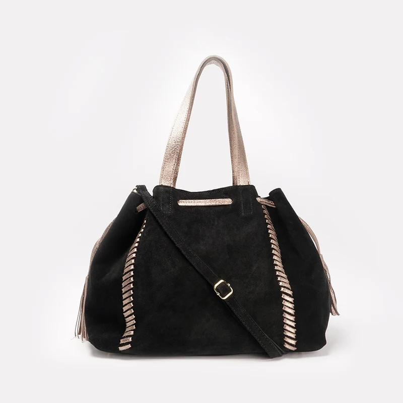 Bolso de piel de serraje para mujer estilo shopper negro Agatha