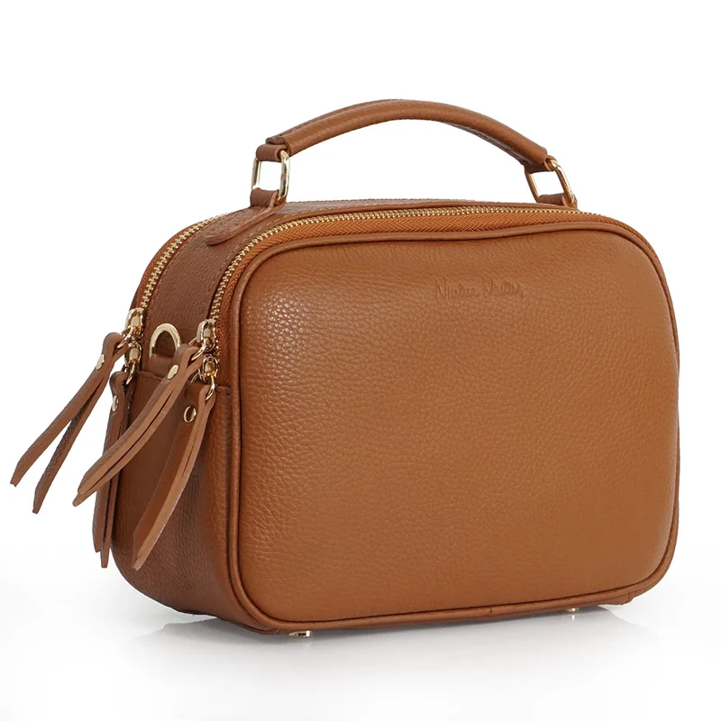 Bolso de bandolera de piel con asa de mano doble cremallera Marrón Elsa