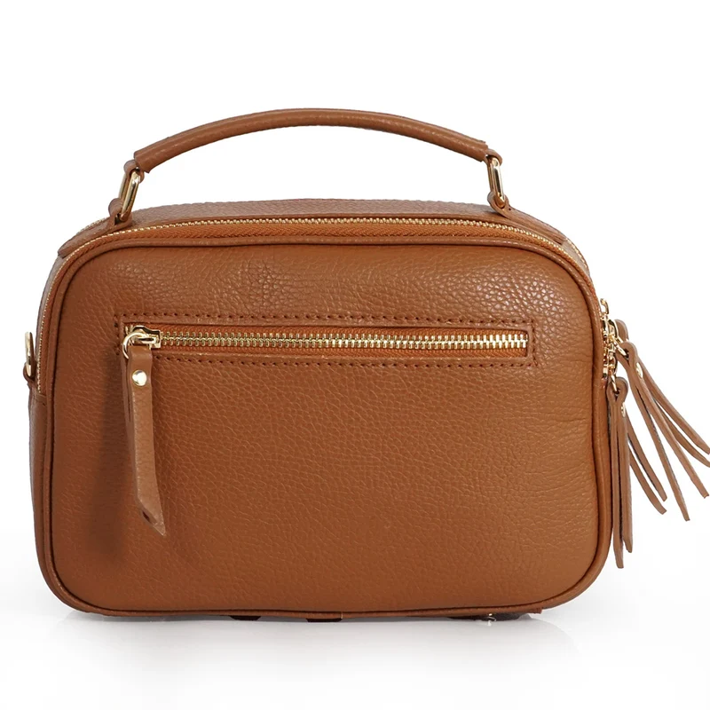 Bolso de bandolera de piel con asa de mano doble cremallera Marrón Elsa