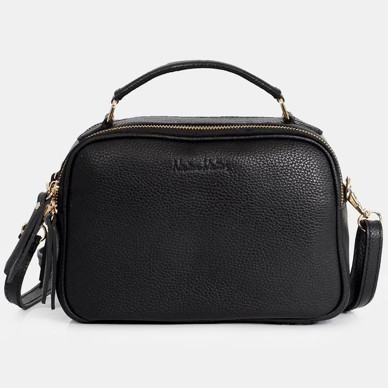 Bolso de bandolera de piel con asa de mano doble cremallera Negro Elsa