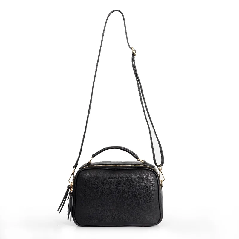 Bolso de bandolera de piel con asa de mano doble cremallera Negro Elsa