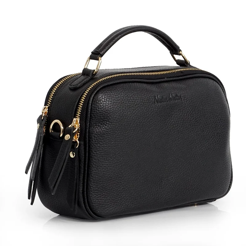 Bolso de bandolera de piel con asa de mano doble cremallera Negro Elsa