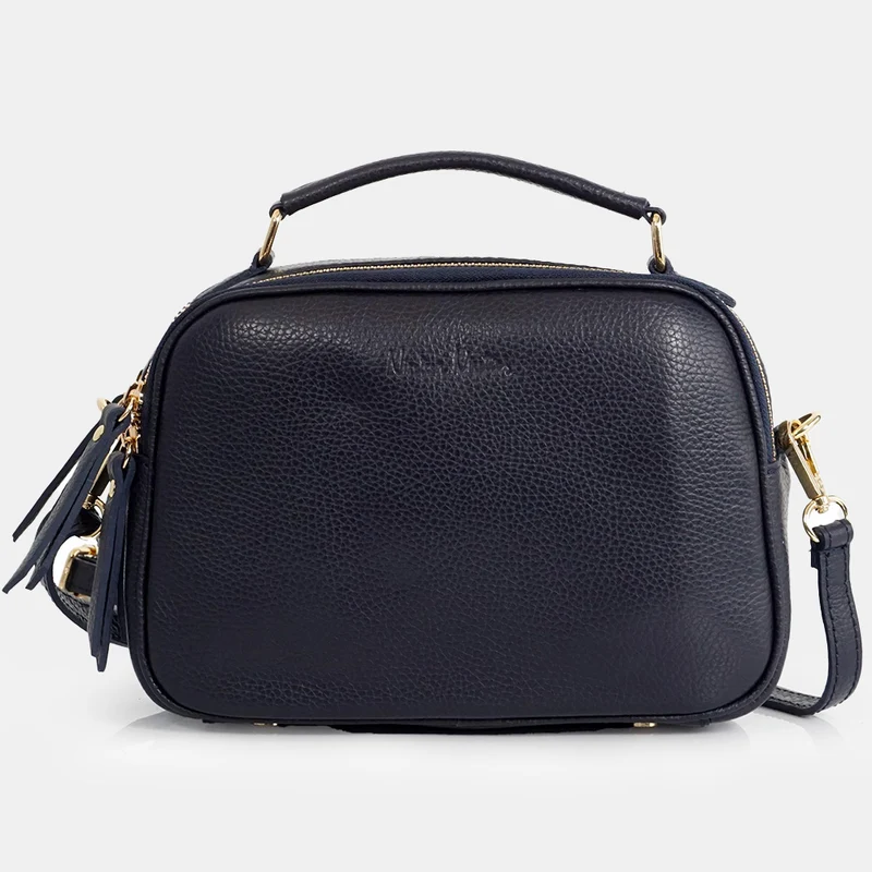 Bolso de bandolera de piel con asa de mano doble cremallera Azul marino Elsa