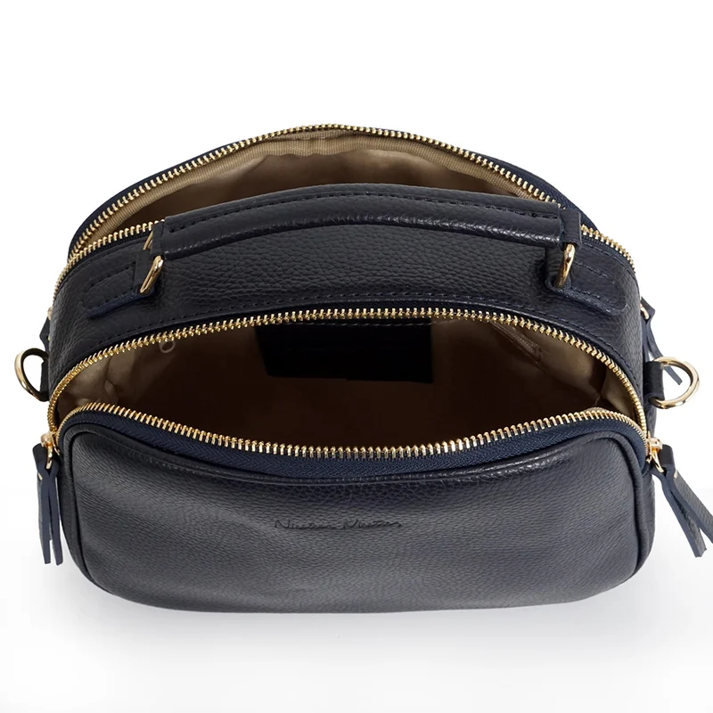Bolso de bandolera de piel con asa de mano doble cremallera Azul marino Elsa