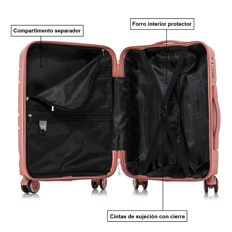 Maleta de cabina 55x38x22 cm (44L) Polipropileno - Candado Incrustado - 20 Pulgadas - Rosa dorado - Bass