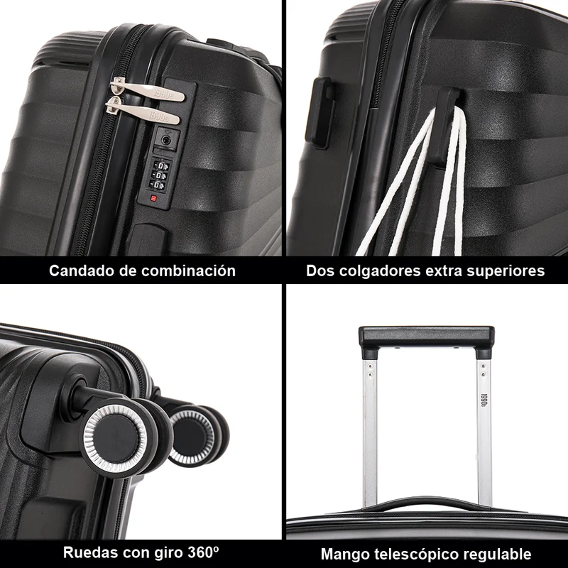 Maleta de cabina 55x39x21.5 cm (46L) Polipropileno - Candado Incrustado - 20 Pulgadas - Negro - Chocolate