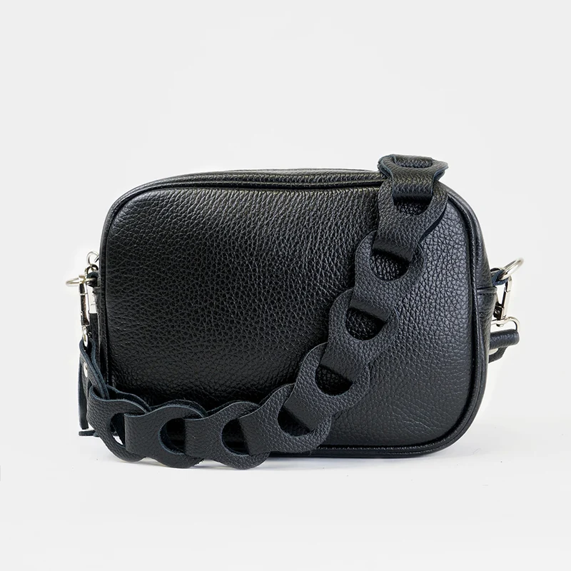 Bolso de bandolera piel con pompón Cristin Primavera Negro