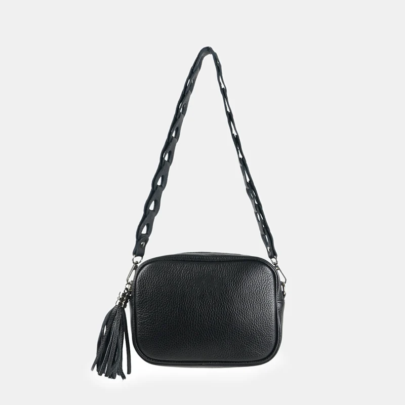 Bolso de bandolera piel con pompón Cristin Primavera Negro