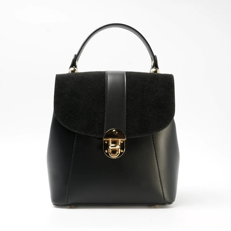 Mochila de piel de mujer convertible con solapa negro Sarah