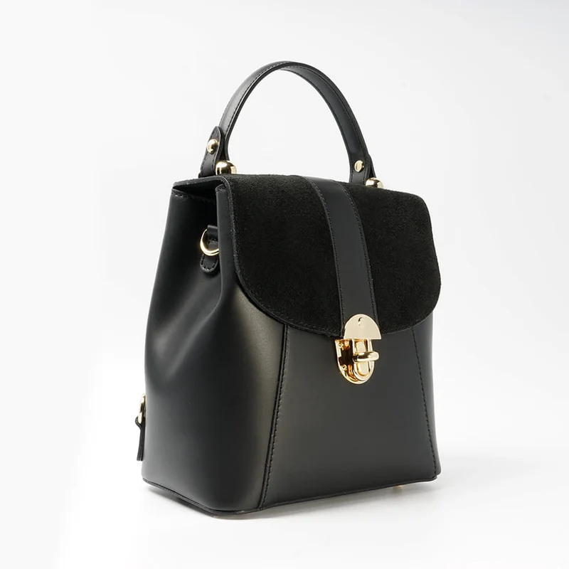 Mochila de piel de mujer convertible con solapa negro Sarah