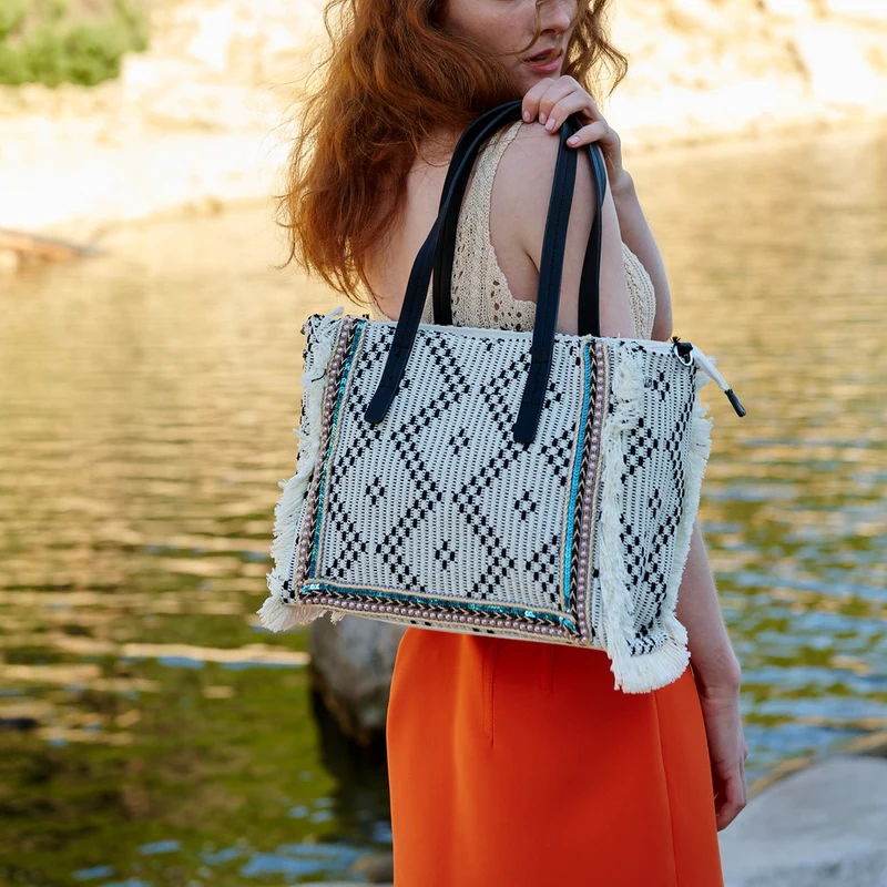Bolso shopper para mujer de lona étnica negro Indira