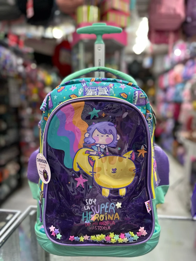 Mochila primaria carro premium vania bachur gato arcoiris Chenson