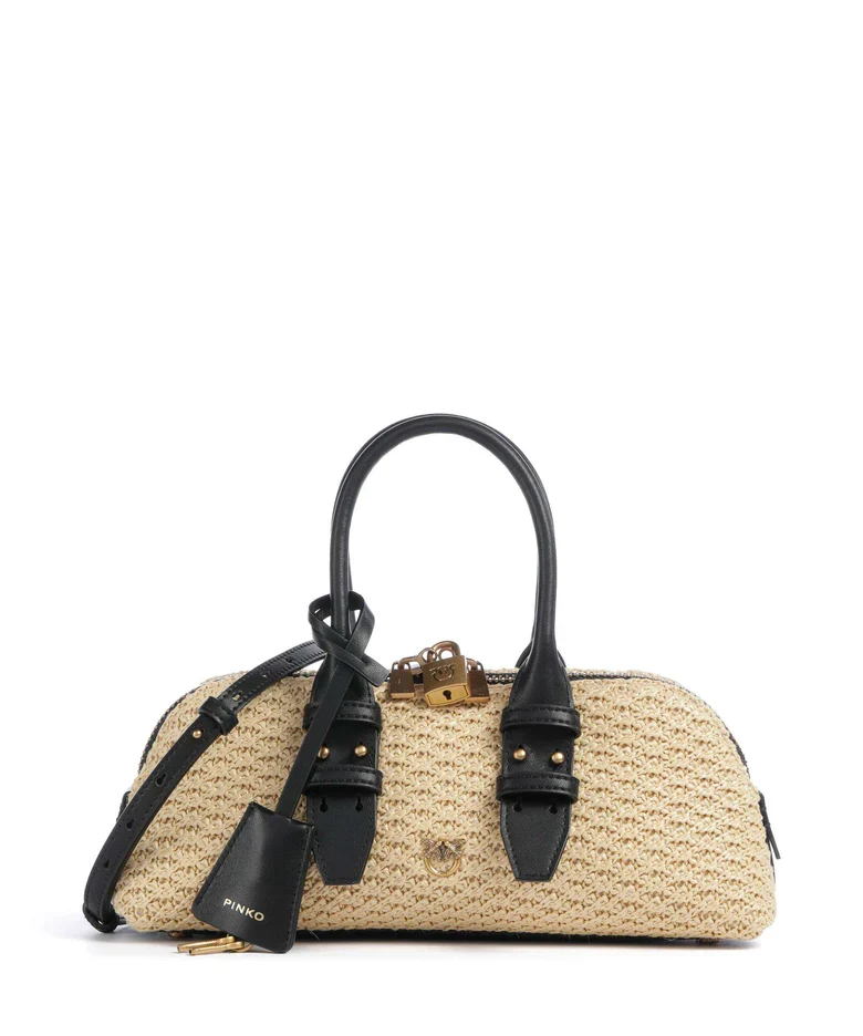 Bolso Pinko Donna BOWLING BAG horizontal 105334-A1RL C24Q de rafia/negro y oro viejo