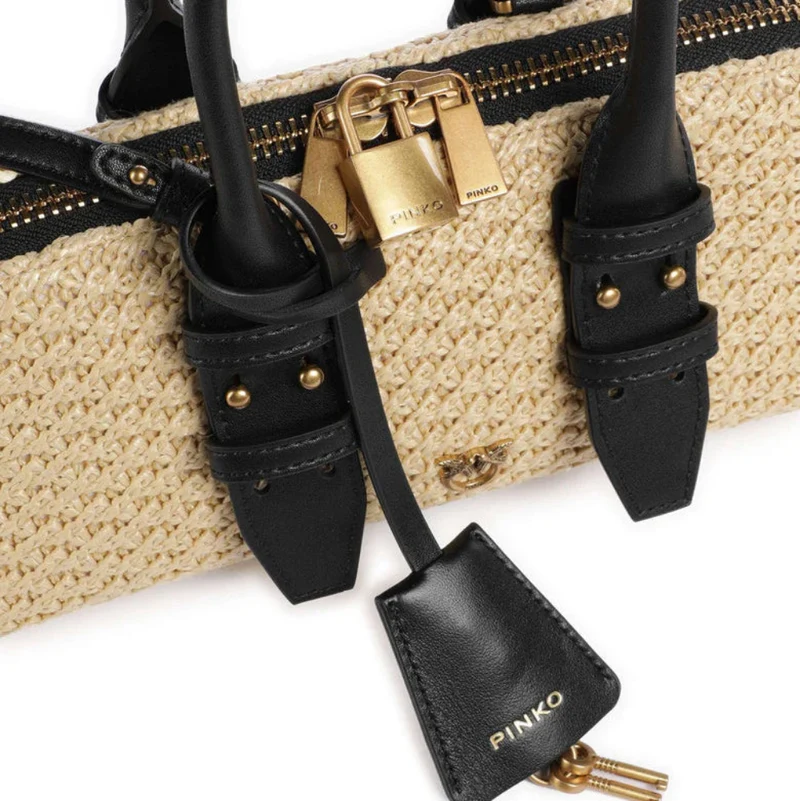 Bolso Pinko Donna BOWLING BAG horizontal 105334-A1RL C24Q de rafia/negro y oro viejo
