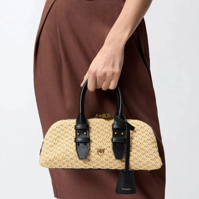 Bolso Pinko Donna BOWLING BAG horizontal 105334-A1RL C24Q de rafia/negro y oro viejo