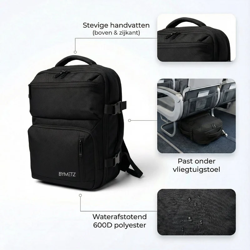 40x30x15 Rugzak – Uitbreidbaar tot 40x30x20 – Handbagage voor KLM, Transavia & Meer – Laptop Rugzak 15,6 Inch – ByMetz® – Zwart