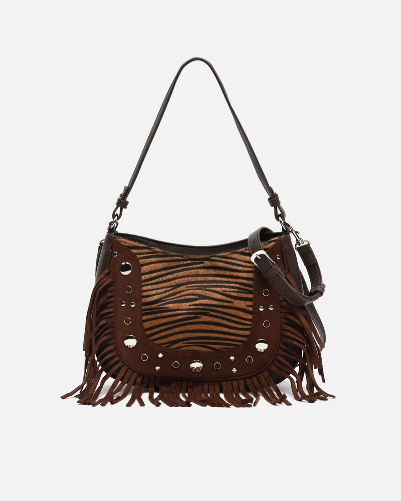 Catrina-1 bolso de hombro animal print con asa bandolera extraíble con detalles metálicos y flecos