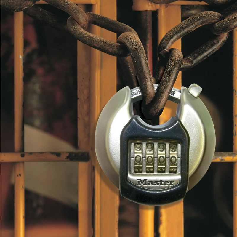 70mm wide Excell® zinc discus padlock with shrouded shackle; set your own combination