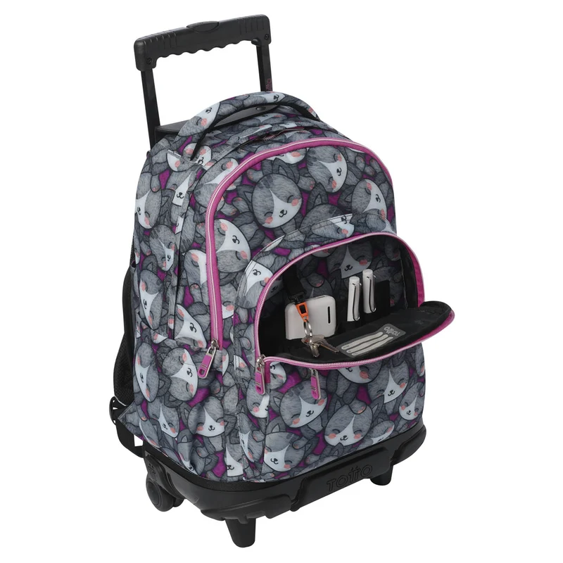 TOTTO Mochila escolar con ruedas Renglones + Estuche Tablero - 7YI Kitten Rose