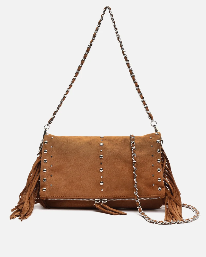 Flequichu bolso de hombro efecto ante con detalles metálicos y flecos