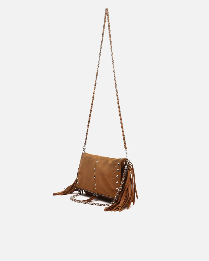 Flequichu bolso de hombro efecto ante con detalles metálicos y flecos